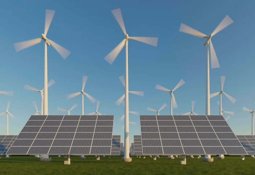 Planta fotovoltaica y molinos eólicos